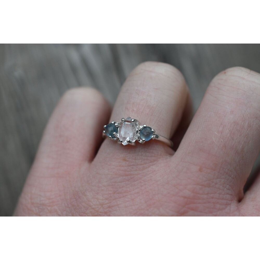 Raw Sapphire Engagement Ring Rough Herkimer Diamond Wedding Band Unique Graduati